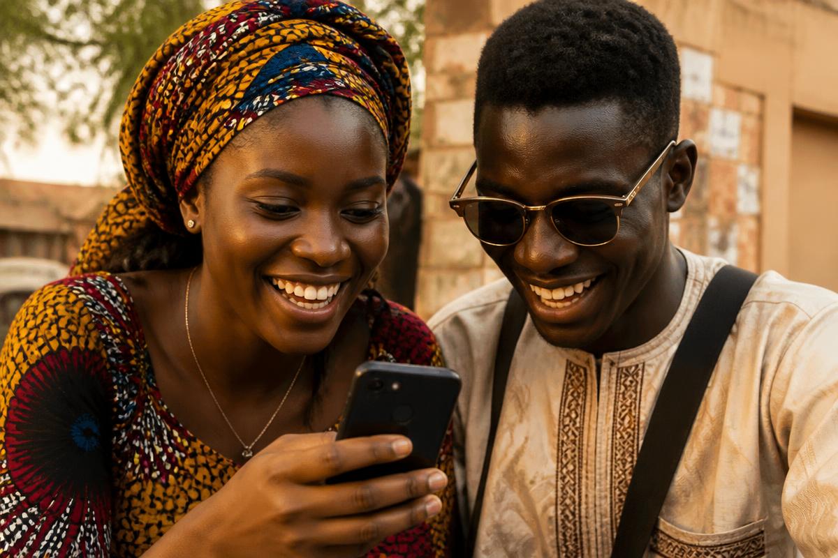 Deux jeunes Maliens souriants regardant un téléphone